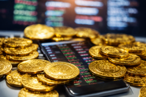 Gold coins signifying tokenized gold buying.